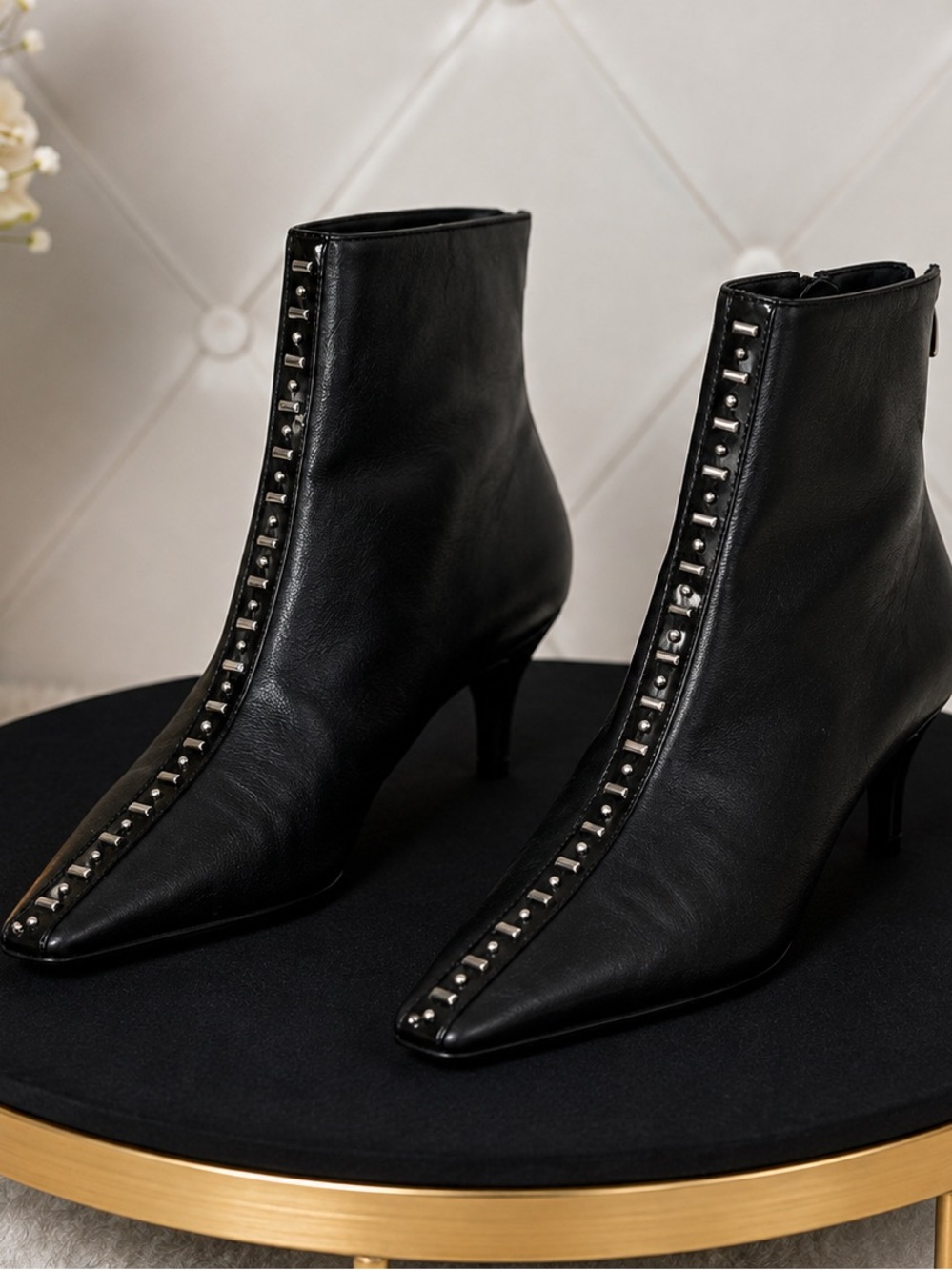Zara Black Pointed Stud-Trim Ankle Boots